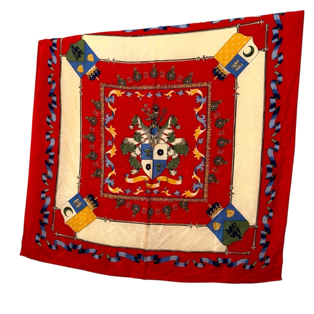 Echo 100% silk Red Cream Scarf with Heraldic Design hand rolled sewn